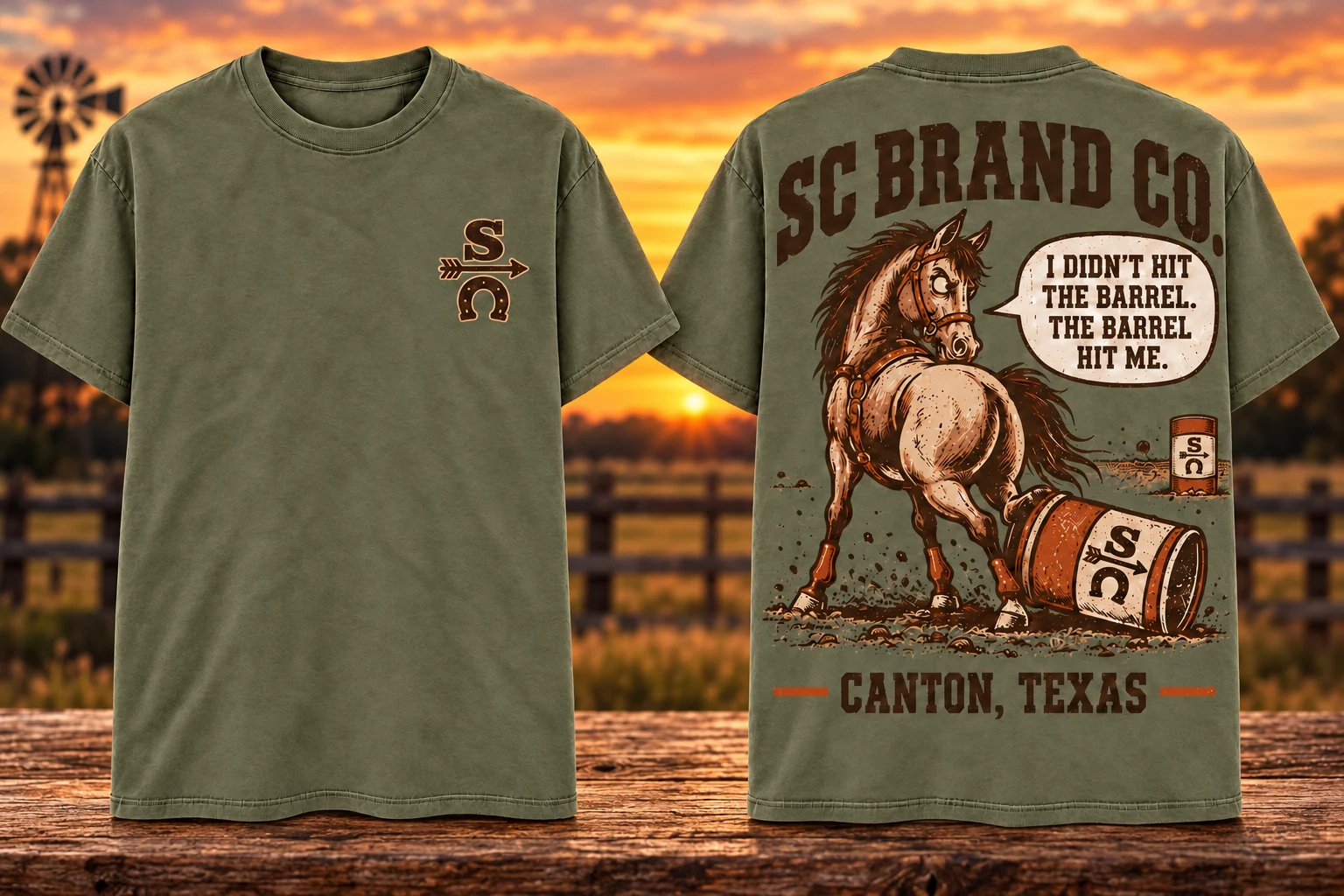 The Barrel Hit Me in Olive — front and back shirt views