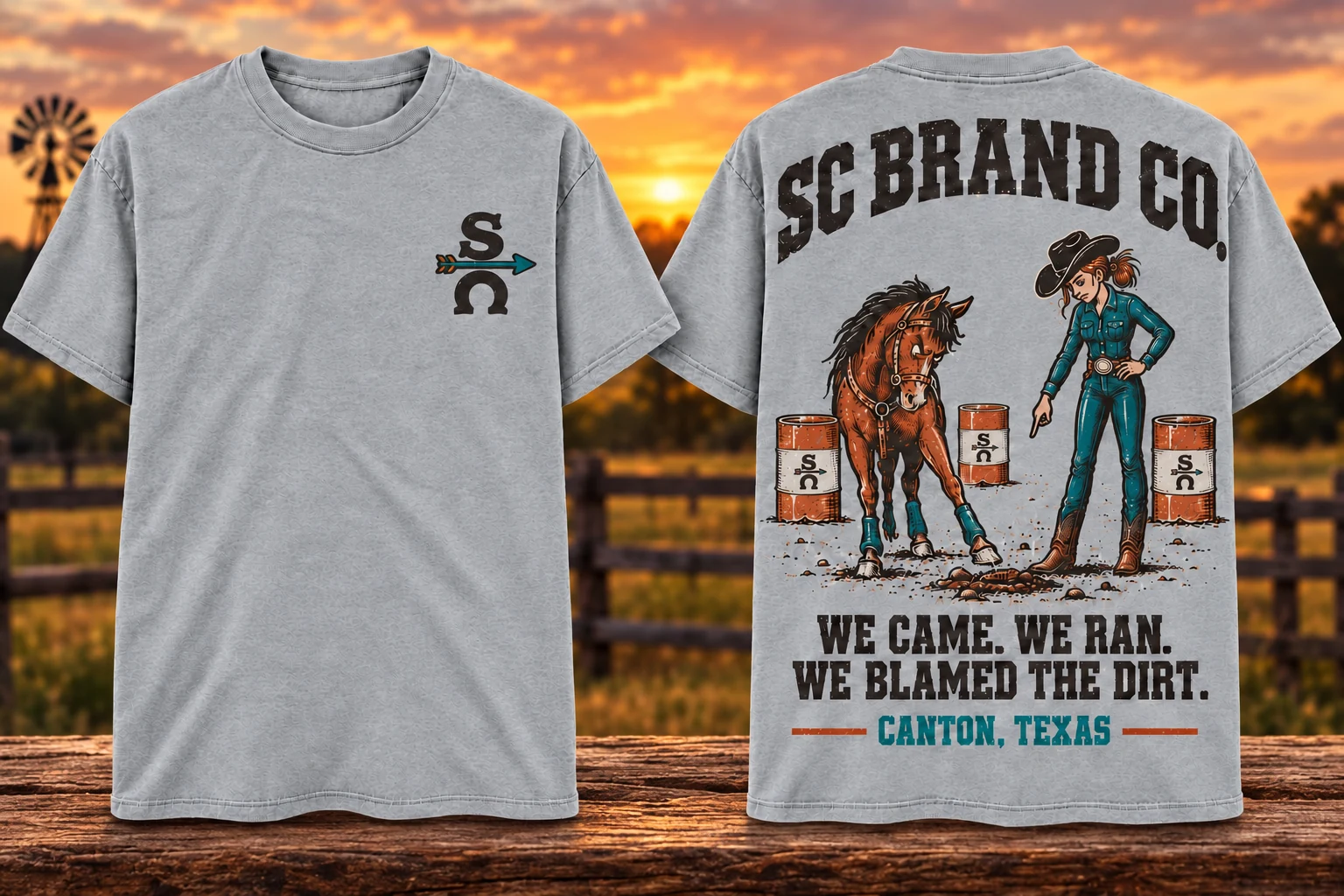 Blamed the Dirt in Sport Grey — front and back shirt views