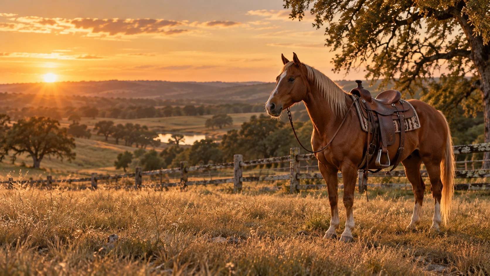 A saddled chestnut horse in a golden-hour ranch pasture