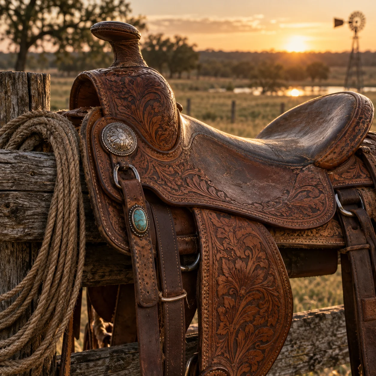 Rich tooled western saddle leather and concho detail